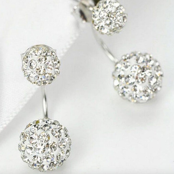Silver Double Beaded Rhinestone Stud Earrings - Picture 1 of 6